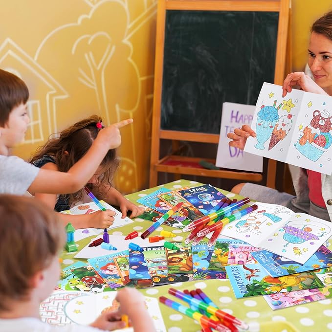 BenLouis Coloring Books for Kids With Stacking Crayons Set Mini Coloring Books Bulk for Ages 4-8-12 Small Activity Books for Birthday Party Gifts Goodie Bags Stuffers Travel（12+12Pcs Colorful）