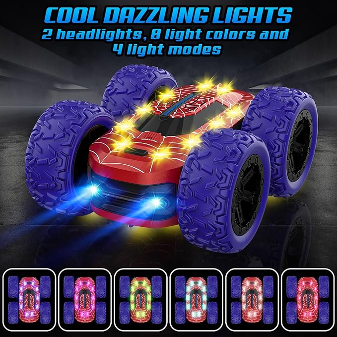 Kazswitle Remote Control Car for Boys, RC Cars for Kids with Colored LED Lights, 2.4Ghz Double Sided 360° Flips 4WD Stunt Car, Rechargeable Toy Cars for Boys Girls Ages 4-6 5-7 6-8 8-12 Birthday Gift