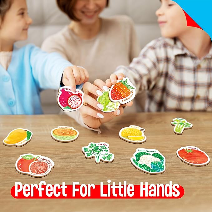 50 PCS Fruit & Vegetable Magnets, Adorable Magnetic Fruits Veggies Thick Fridge Magnets Cute Educational Learning Toys for Toddles Kids 1-2