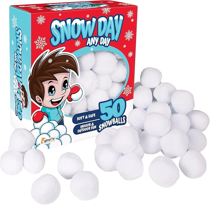 Giraffe 50 Pack Jumbo Fun Fake Snowball for Kids 2.5 Inches - Artificial Snowballs Bulk for Indoor and Outdoor - Snow Ball for Decorations, Winter Toy Games Fights - Fun Christmas Party Activities