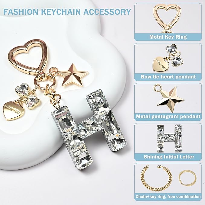 Cute Bling Keychain initial Letter Butterfly Star Pink Purple Gift for Women Girls Bag Cup Charms Accessories