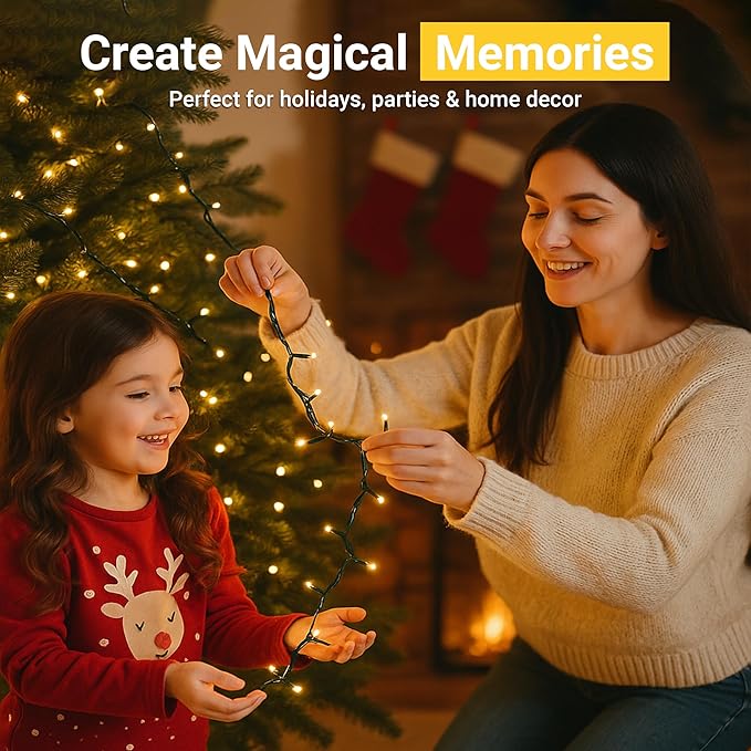 Lightacles Magnetic Christmas Lights - 60ft LED String Lights with Quick Connect - Indoor Plug in - Warm & Bright White - New Years Eve Decorations