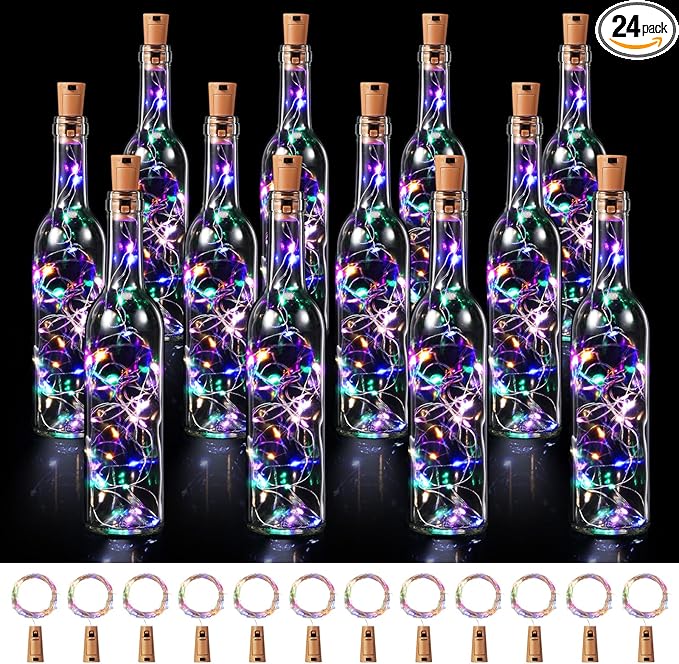 Rtteri 12 Sets Small Empty Wine Bottles with Cork Lights Centerpiece and 30 LED Battery Operated Cork Lights for Birthday Wedding Party Decoration(375 ml,Colorful)