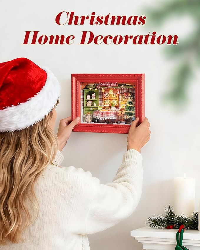 Rolife 3D Diorama Frame, Wall-Mounted Shadow Box & Dollhouse Display Case for & Christmas Decor, Quick-Build Unfinished Kit, Halloween Memorial Gift for Families (Christmas Eve Party)