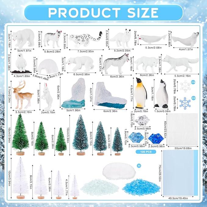 56 Pcs Arctic Animals Figurines Set Includes 14 Polar Animals Figurines 10 Pine Trees 4 Artificial Lceberg Fake Snow 3 Packs Fake Ice Rocks Fake Snow Blanket 2 Blue Tissue Paper Arctic Diorama Kit
