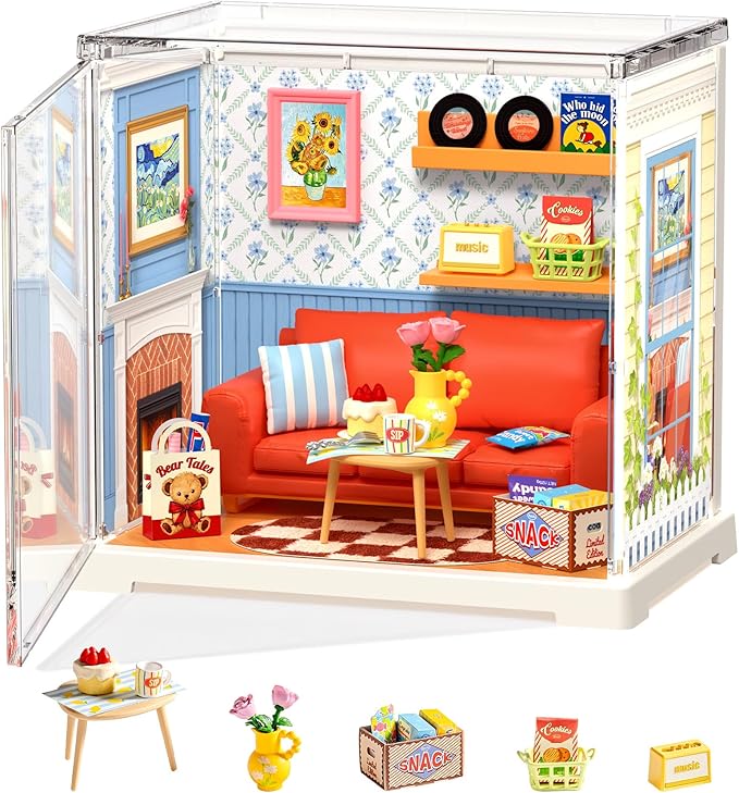 ROBOTIME Super Creator Kits, Plastic Mini House, Expandable Plastic Craft, DIY Miniature House Kit, Tiny Living Room Making Kit Model Craft Hobby Unique Gift (Country Blue Lounge)