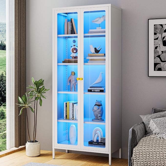 5-Tier Display Cabinet with 13-Color Light, 67" Tall Bookcase Bookshelf with Glass Doors & Adjustable Shelves, Metal Storage Cabinet Display Case for Collectibles Curios Trophies - White