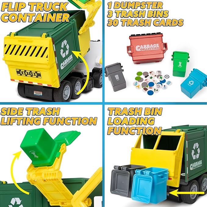 JOYIN Large Friction Powered Garbage Truck Toy Set, Includes Dumpster, Trash Bins, and Learning Cards for Kids, Boy Toys Birthday Gift for Boys Girls Kids Toddler Gift of Easter Basket Stuffers