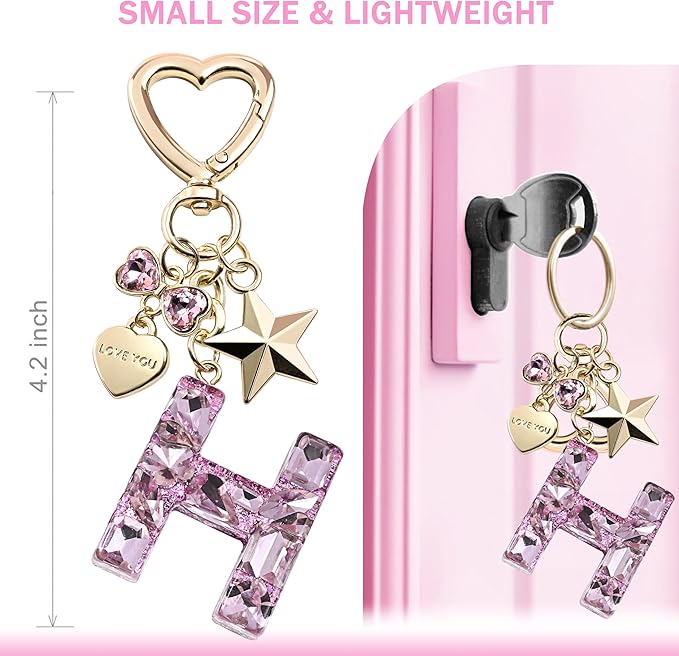 Cute Bling Keychain initial Letter Butterfly Star Pink Purple Gift for Women Girls Bag Cup Charms Accessories