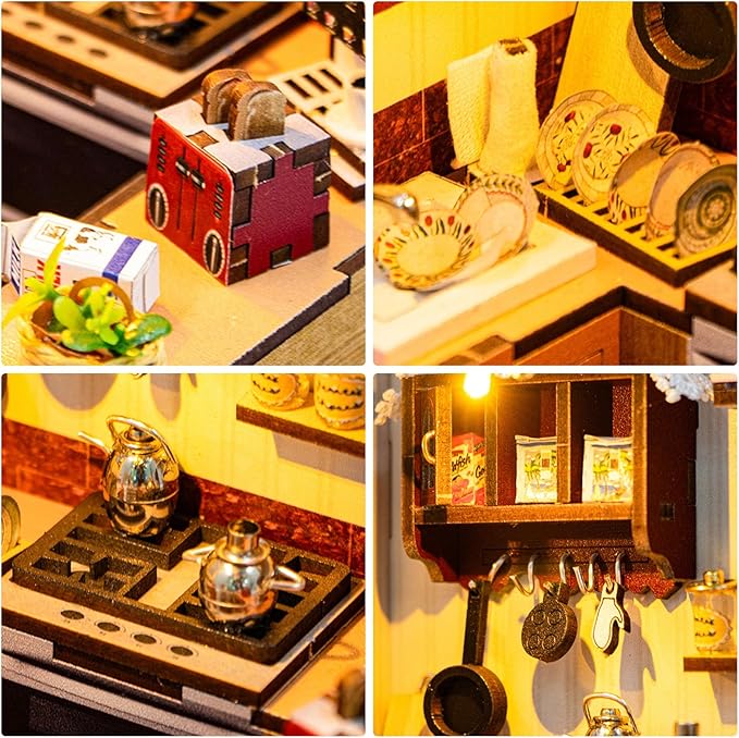 DIY Miniature House Kit, Dollhouse Kit with LED Light, Mini House Building Kits for for Adult to Building, Christmas Home Decorations Gifts for Family and Friends, Kitchen