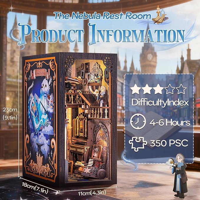 Fsolis Book Nook Kit, 3D Wooden Puzzles for Adults Booknook Magic Bookshelf Miniature Kit Shelf Decor Decoratvie Bookends Tiny House Gifts for Women Readers Book Lovers(Nebula Common Room)