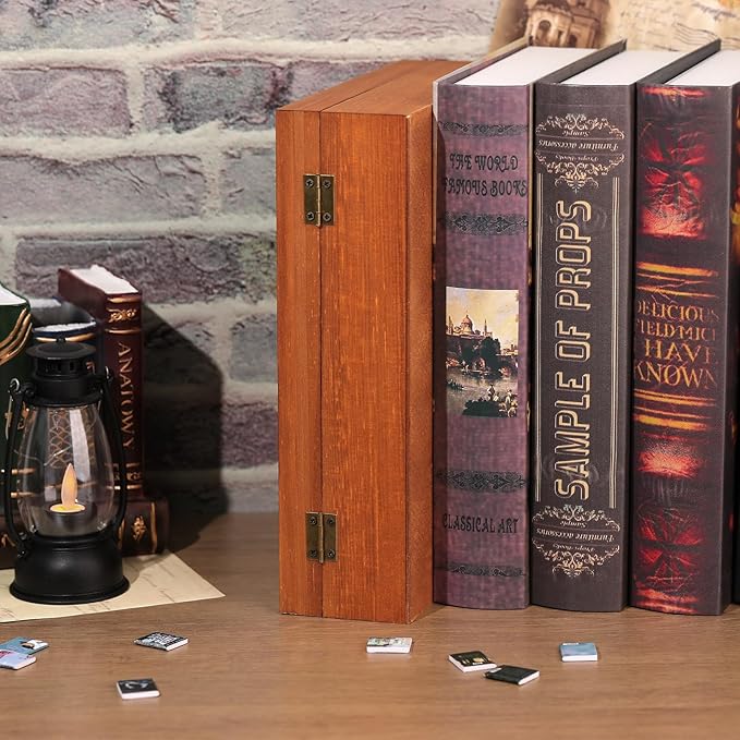 Anxiety Bookshelf Shake Away Your Anxiety, Miniature Book Display Case Cabinet with 200 Mini Books, Creative Wooden Mini Bookshelf Shake Anxiety Stress Reliever Funny Gifts for Book Lovers (Brown)