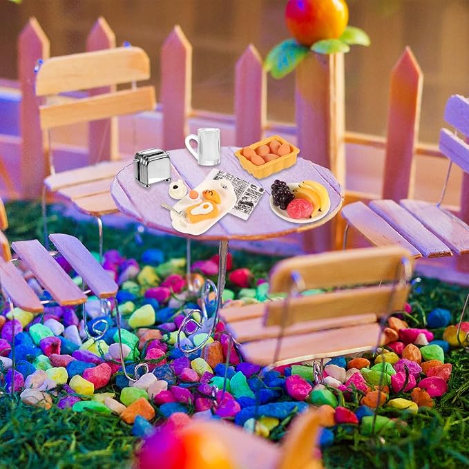 simarro Miniature Dollhouse Breakfast Accessories, 46 Pcs 1:12 Scale Mini Toast Machine Bread Milk Eggs Cups Fruits Plates Fork Spoons Drink for Dollhouse Kitchen Scene and Cake Topper Decor