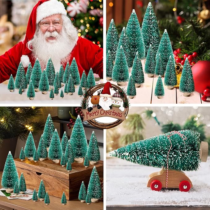 30Pcs Mini Christmas Trees - Artificial Christmas Tree Bottle Brush Trees,Sisal Snow Trees with Wooden Base for Christmas Decor Party Home Table Craft Decorations(Green)
