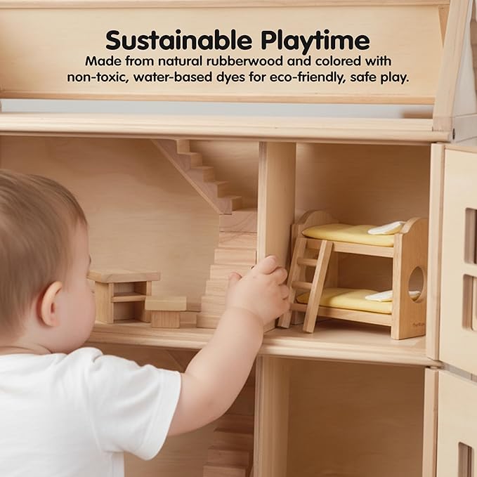 PlanToys® Wooden Children’s Room Classic Set for Montessori Small World Play | Creative Role Play and Social Interaction | Eco Friendly Wooden Dollhouse Bedroom Furniture for Imaginative Play