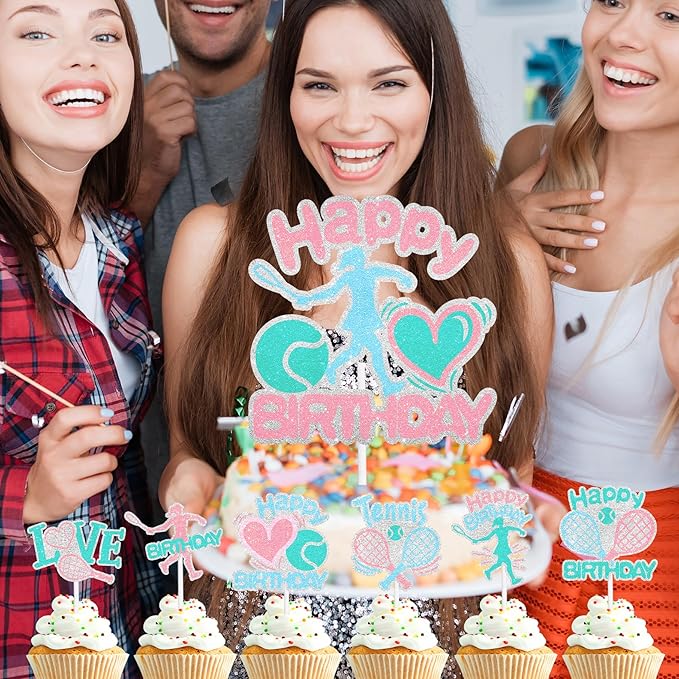 7-Piece Tennis Cake Topper Set Girls Athlete Happy Birthday Racket, Girls and Ladies Tennis Player Birthday Party, Baby Shower Party or Tennis Themed Party I Love Tennis Decorations. LIANGSS