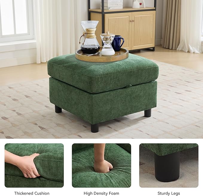 25”Square Storage Ottoman Module for Modular Sectional Sofa, Living Room Coffee Table Sectional Ottoman Footrest for Convertible Couch, Chenille Dark Green