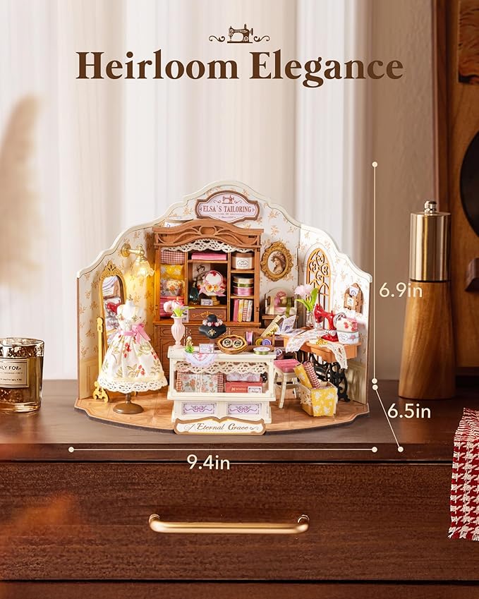 Rolife DIY Miniature House Kit Elsa's Tailoring 1:18 Scale Dollhouse Diorama, Tiny House Building Kit Vintage Tailor Shop Crafts for Adults Home Decor Gift for Adults