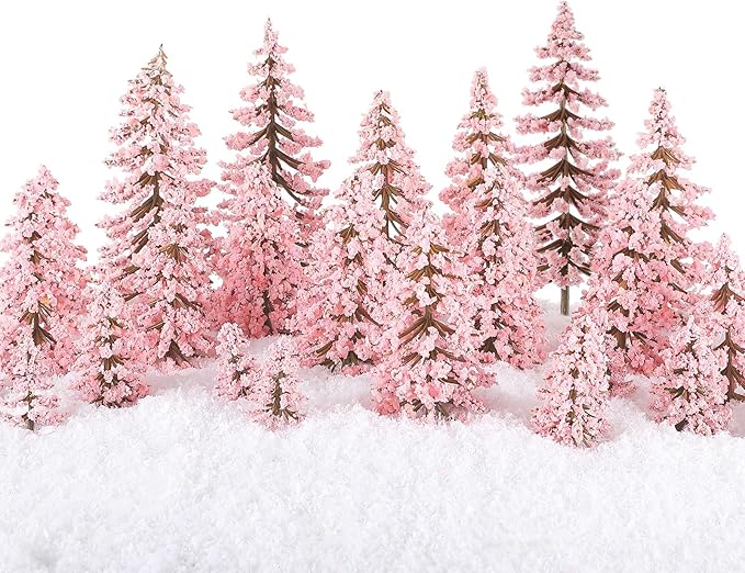 Skylety 35 Pieces Model Trees 1.2-6.3 Inch Mixed Miniature Trees Diorama Supplies Fake Plants Train Scenery Landscape Christmas Village Architecture DIY Crafts(Pink,Cedar)