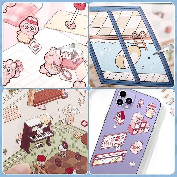 DIY 3D House Stickers, 4 Set Fun DIY Stickers Scene Make Your Own Warm Home, Supermarket, Coffee Shop, Music Bar, Cute 3D Cartoon Scene Stickers for Adult Kids Relief Stress Pass The Time (XMPLUS)