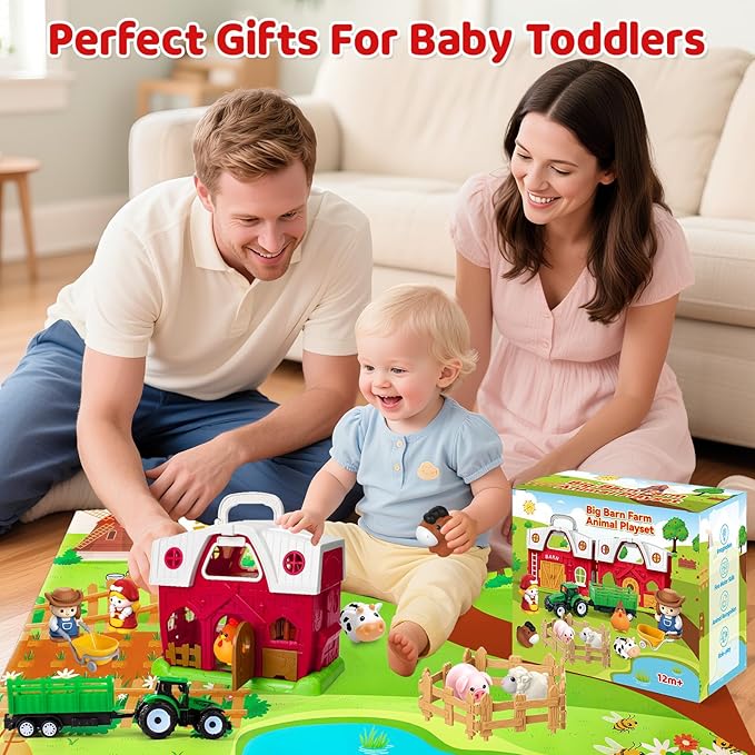Farm Animal Toys for 1 2 3 Year Old Toddlers, Big Red Barn with Farm Mat & Animals & Tractor Toy for Boys Girls, Montessori Learning Interactive Barn Set for Kids 1-3, Ideal Christmas Birthday Gifts
