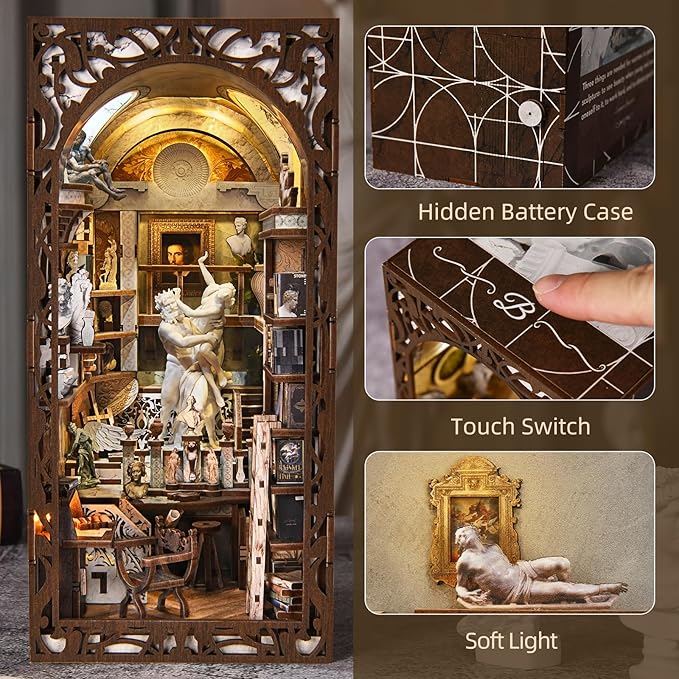Book Nook Kit, DIY Doll House Booknook, Miniature Kit for Bookshelf Doll Houses for Adults Teen Halloween, 3D Wooden Puzzle Bookends with Led Light and Dust Cover (Bernini's Workshop)