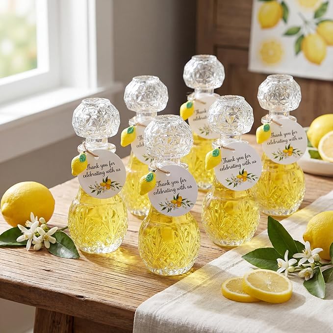 Chuangdi 16 Sets Mini Limoncello Glass Bottles Limoncello Bottles with Labels 1.7 oz Lemon Pendants Lemon Party Favors for Homemade Brewing Wedding Baby Shower Gifts(Classic)