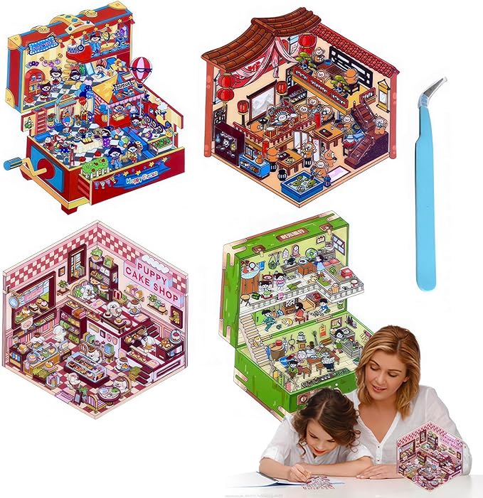 DIY 3D House & Room Stickers - 4 Sets Korean Cartoon Isometric Scenes Scene Sticker for Scrapbooking, Journals - Create Your Own Stacking Miniature Stickers for Adults & Teens