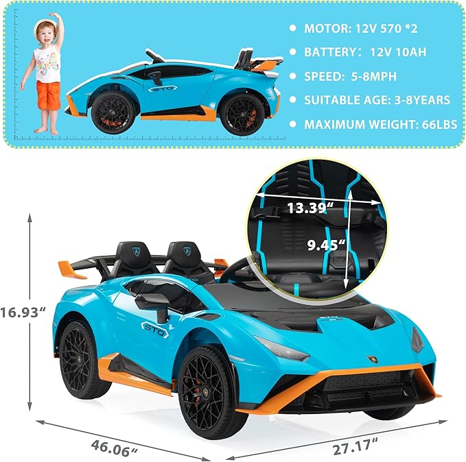 Lamborghini Kids Car TOBBI 12V Ride on Toys with Parental Remote Battery Powered Children Motorized Vehicles for Kids to Drive Lambo Ride on for Toddlers 3-8, Blue