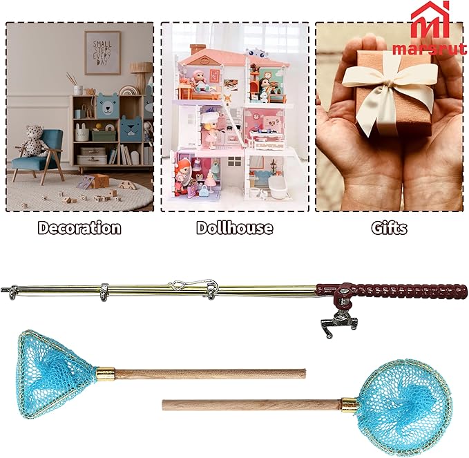 1 Set Miniature Fishing Rods and Fish Net Set for 1:12 Scale Dollhouse Decoration, Mini Fairy Garden Micro Landscape Furniture Accessories, Beach Pond House Decor Crafts with Fishing Pole Gear Models
