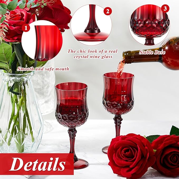 Pinkunn 24 Pcs 7 oz Plastic Vintage Wine Glasses Reusable Colored Goblets Patterned Drinking Water Glasses Cup Dishwasher Safe for Valentine's Day Wedding Reception Party Supplies (Red)