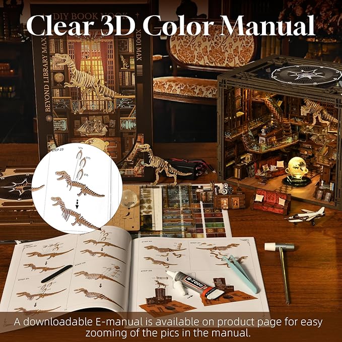 DIY Book Nook Library Kit, Miniature Dollhouse Booknook Kit, 3D Wooden Puzzle Bookend Bookshelf with LED Light for Teens and Adults (Beyond Library Max)