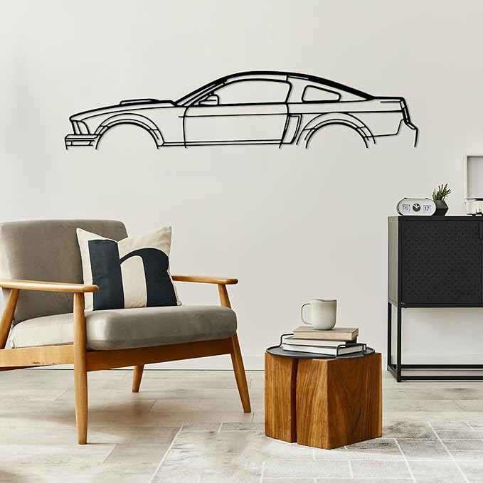 DecoSoul Mustang Metal Car Wall Art, Sports Car, Automotive Silhouette Line Decoration, Minimalist Sculpture for Garage, Indoor Outdoor Wall Hanging, Gift for Boyfriend (Black - 55 x 15.1” inch)