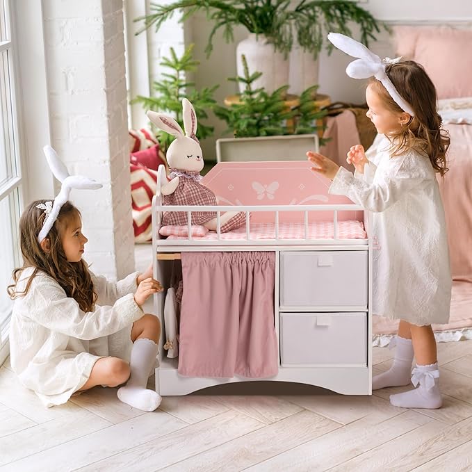 ROBUD Baby Doll Crib, Wooden Doll Bed with Storage and Bedding, of Toy Baby Crib to Kids, Pink Baby Doll Beds Suit for Dolls Under 22 Inches
