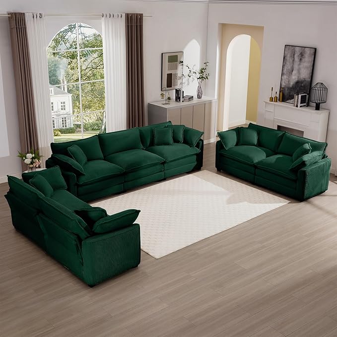 KEIKI 3-Piece Sofa Set with 1 Oversized Corduroy 3-Seater Sofa & 2 Loveseat Sofa, Upholstered 7-Seater Couch Set with 13 Pillow, High-Density Foam Cushions, Removable Armrests, for Living Room, Green