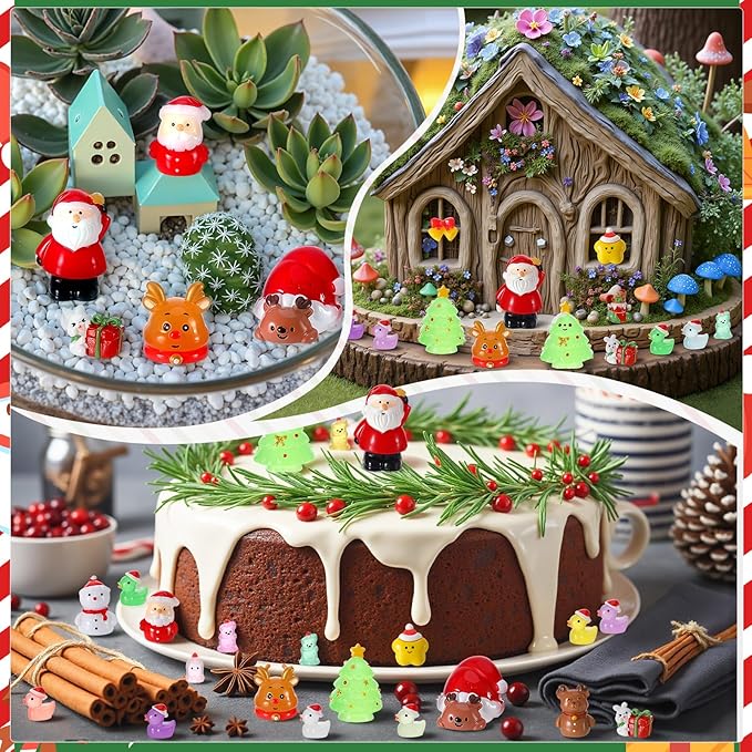 47PCS Mini Christmas Luminous Figurines Christmas Resin Miniatures Glow in The Dark Tiny Figures to Hide Small Snowman Figures for Xmas Goodie Bag Mini Presents for Crafts