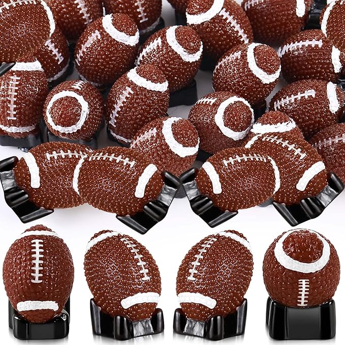 50 Pcs Mini Football Figurine for Crafts Resin Miniature Football with Base Small Sports Ball Mini Sport Balls Simulation Model for DIY Birthday Gift Bag Stuffer Party Decor Cake Topper