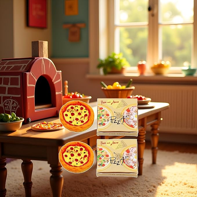 2 Set Miniature Pizza Box, 1:6 & 1:12 Scale Realistic Dollhouse Food Model Set, Yellow Resin Doll House Furniture Supplies for Pretend Play Kitchen