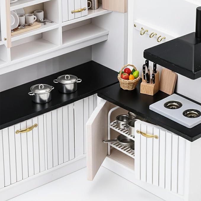 Doll House Kitchen Cabinet - 1/12 Scale Miniature Mini Table with Stove Sink Cabinet, Mini Wooden Dining Room Furniture Accessories, Decoration for Dollhouse Accessory