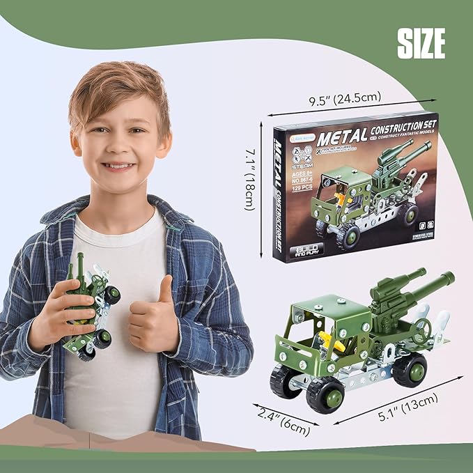 Military Truck STEM Building Toy Set for Boys Age 8-12 - 129pcs Metal Army Toys Model Car Kits Set - 8-10 Stem Projects Vehicles,Engineering STEM Kits or Kids 6-8 for Kids