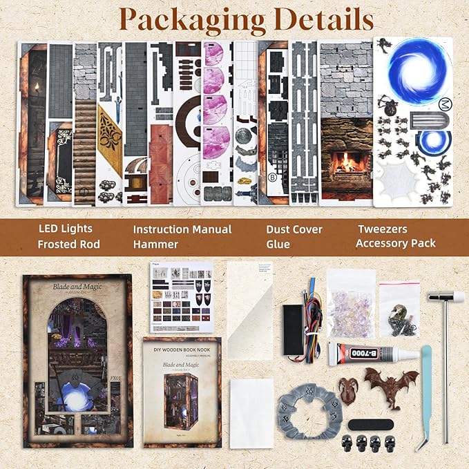 Book Nook Kit, DIY Miniature House Dollhouse Kit for Adults and Teens, Booknook Tiny House Bookshelf Decor (Blade and Magic)