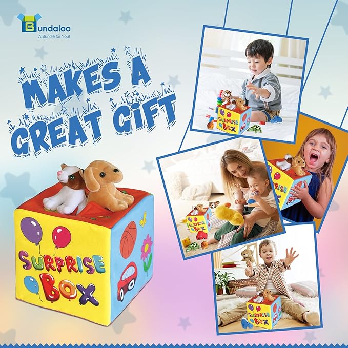 Bundaloo Surprise Mystery Box with 8 Premium Plush Toys - Soft Sensory Playset with Press to Hear Sounds, Various Plush, Stuffed Animals, Vehicles, Balls for Babies & Toddlers