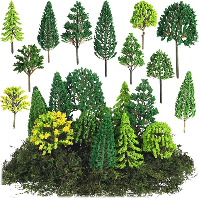 Tigeen 28 Pcs Model Trees Mixed Model with 1.4 Ounce Faux Green Moss Decor Tree Train Scenery Architecture for DIY Crafts, Building, Scenery Landscape(Spring Green)