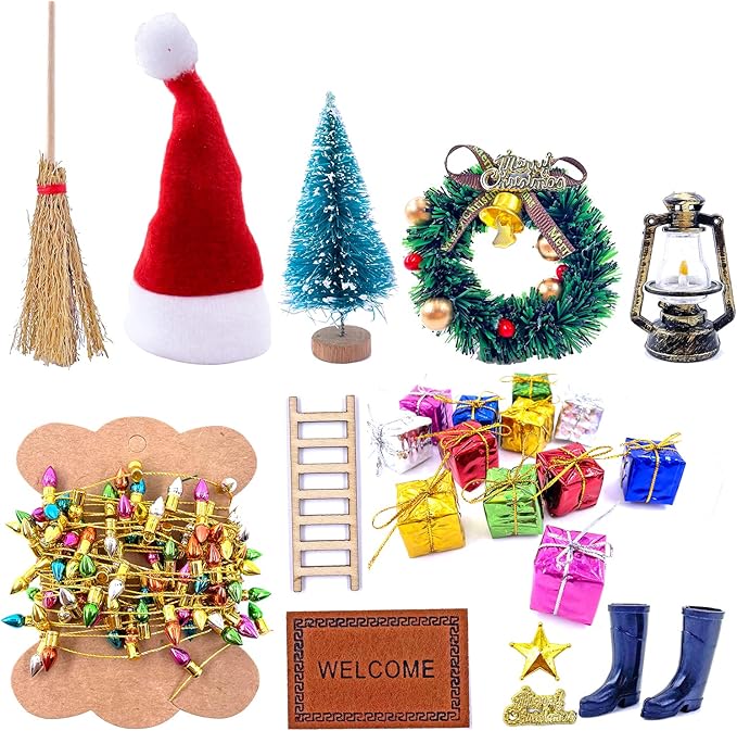 HKLMRO 22Pcs Doll House Christmas Decoration Fake Light String Hat Wreath Mini Tree Gift Boxes Dollhouse 1:12 Toyhouse Miniature Model Pretend DIY Fairy Figurines Garden Hanging Ornaments Party