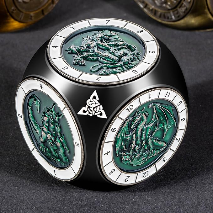 7 in 1 Unique Spinner DND Dice Set D&D, Metal Cube D and D Dice with Gift Box, Dungeons Dragons Role Playing Dice, Black Green