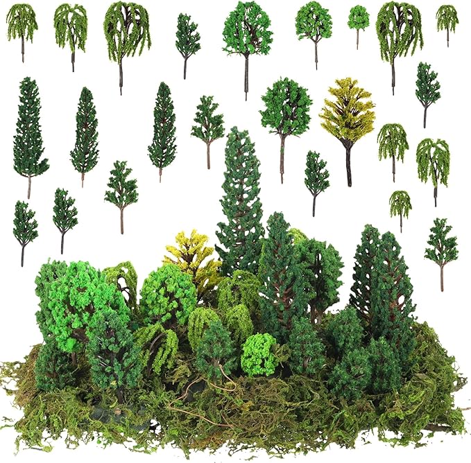 Tigeen 28 Pcs Model Trees Mixed Model with 1.4 Ounce Faux Green Moss Decor Tree Train Scenery Architecture for DIY Crafts, Building, Scenery Landscape(Natural Green)