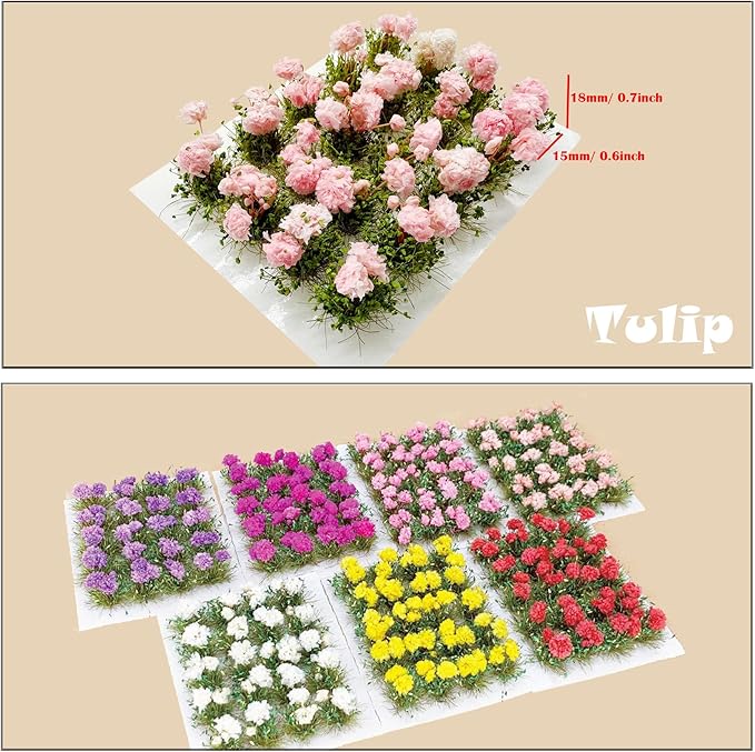 Woohome Flower Cluster Flower Vegetation Groups Grass Tufts Miniature Static Scenery for DIY Architecture Building Model Railway Train Diorama Garden Scenery Landscape Layout (Peony, Pink)