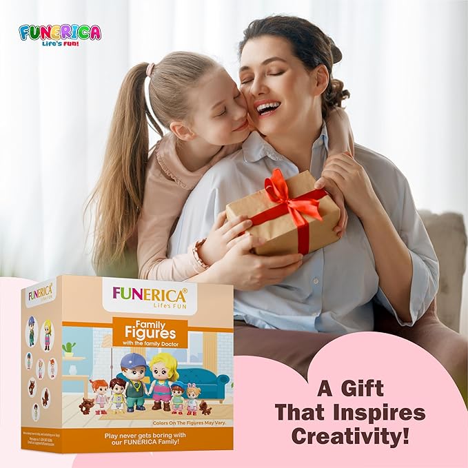FUNERICA Dollhouse Family Figures & Pets – Bendable Play Dolls for Imaginative Fun & Doll House Play – Little People Family Set with Miniature Accessories – Made of Quality Plastic