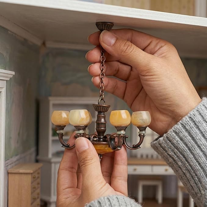 Toyvian Mini Dollhouse Chandelier Light: 1:12 Scale Miniature Dollhouse Ceiling Lights Retro Hanging Lamp Miniature Pendant Lamp Furniture Accessories for Doll House Decor