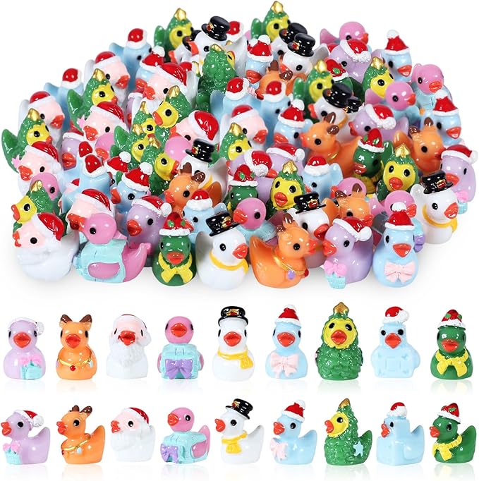 54 PCS Tiny Ducks Mini Resin Christmas Ducks Miniature Colorful Figures Ornament for Xmas, Craft, Dollhouse, Slime, Home Decorations (Christmas 3)